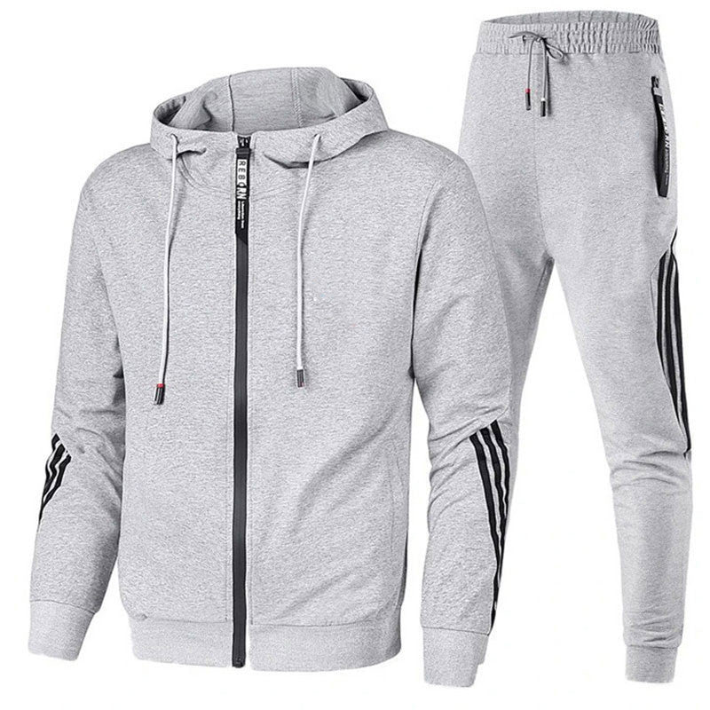 Men's hooded tracksuit set with zip jacket, tapered joggers and striped sleeve and leg details
