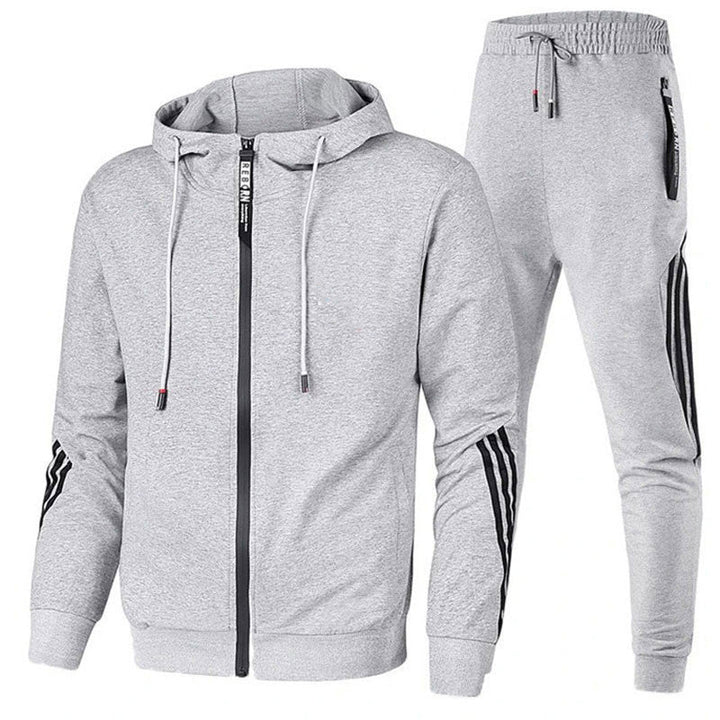Men's hooded tracksuit set with zip jacket, tapered joggers and striped sleeve and leg details