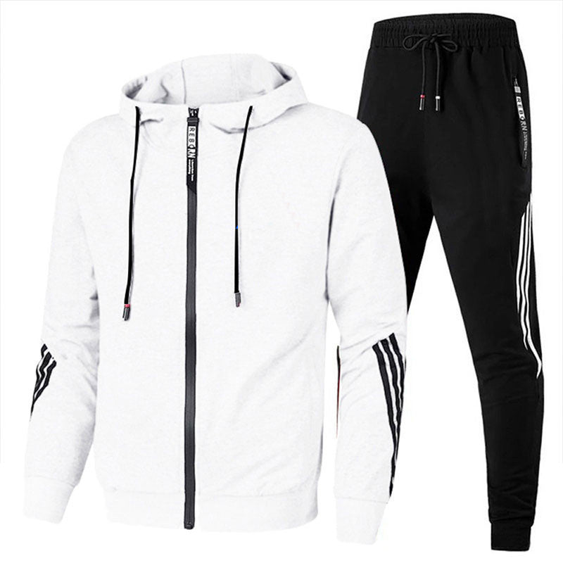 Men's hooded tracksuit set with zip jacket, tapered joggers and striped sleeve and leg details