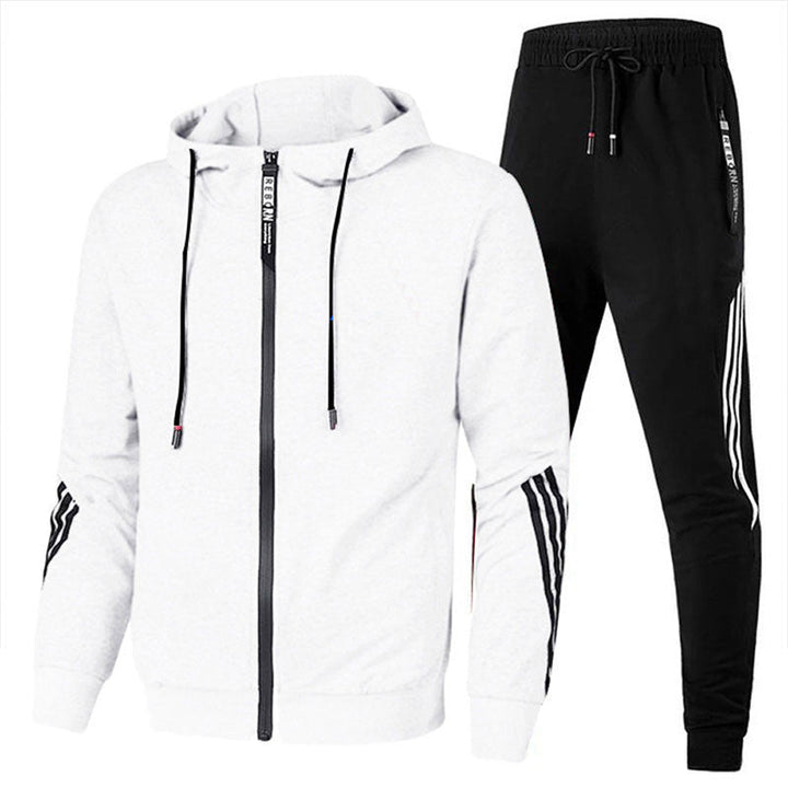 Men's hooded tracksuit set with zip jacket, tapered joggers and striped sleeve and leg details