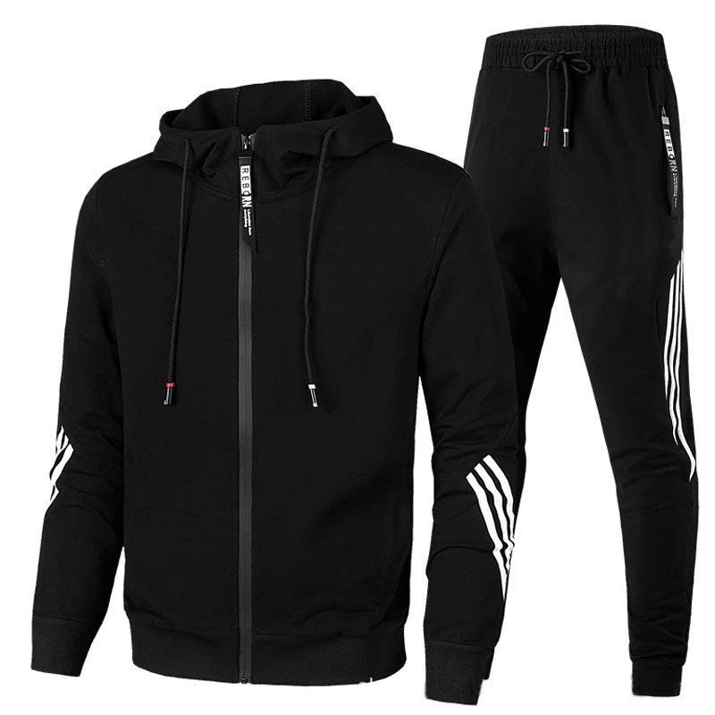 Men's hooded tracksuit set with zip jacket, tapered joggers and striped sleeve and leg details