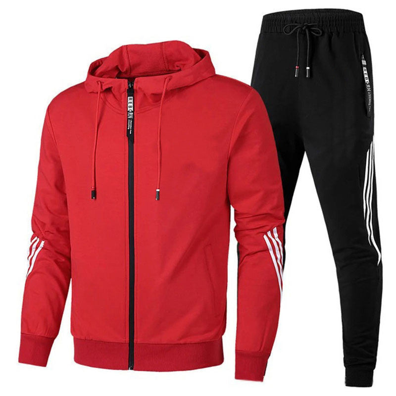 Men's hooded tracksuit set with zip jacket, tapered joggers and striped sleeve and leg details