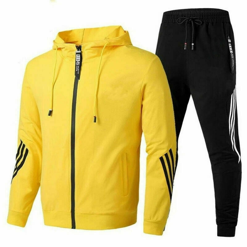 Men's hooded tracksuit set with zip jacket, tapered joggers and striped sleeve and leg details