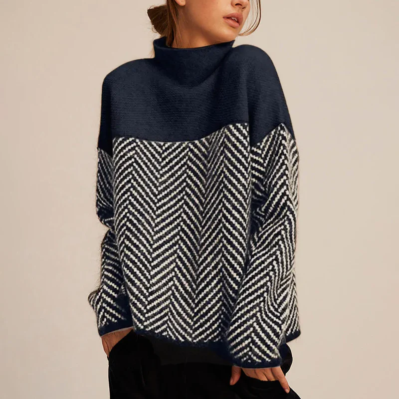 Women's chevron turtleneck sweater with contrasting patterned sleeves