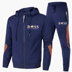 Men's hooded tracksuit with zip jacket and striped joggers