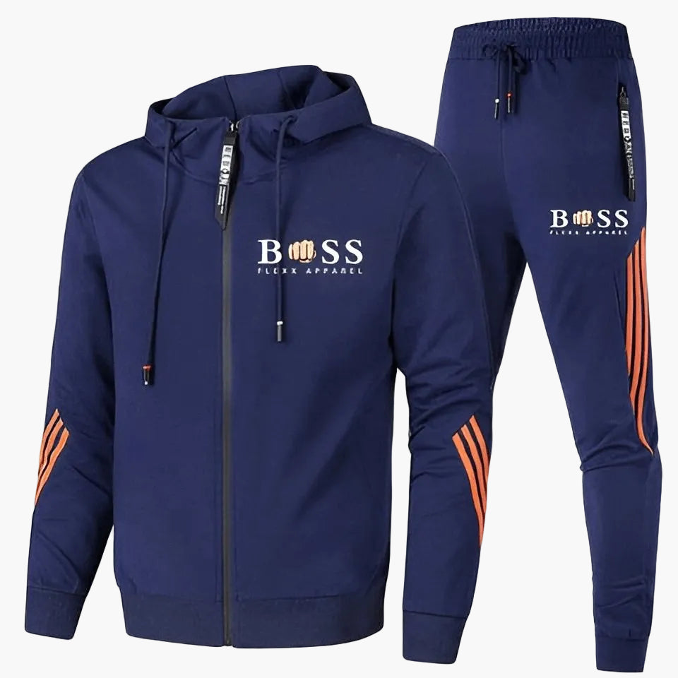 Men's hooded tracksuit with zip jacket and striped joggers