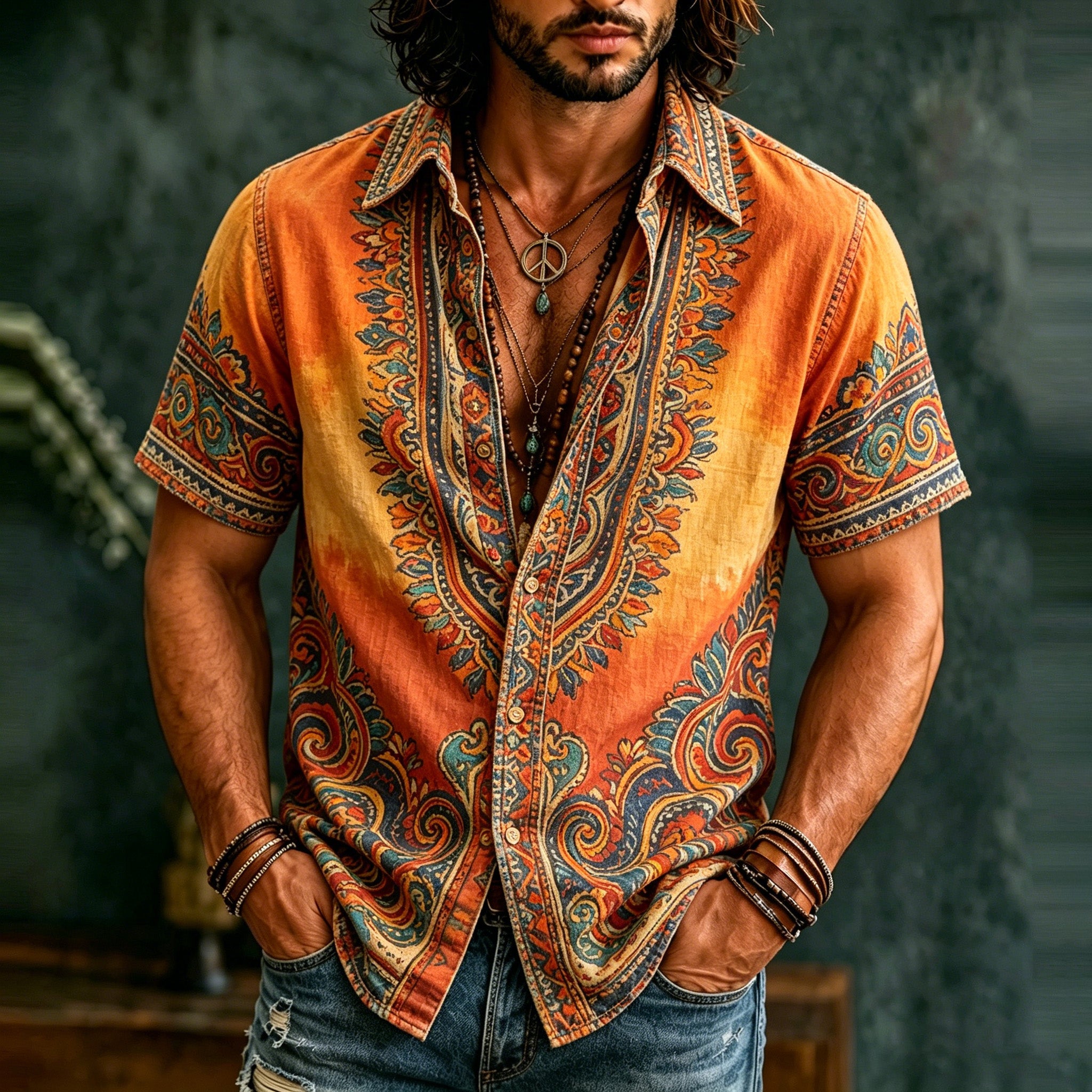 Men's orange paisley short sleeve button front shirt