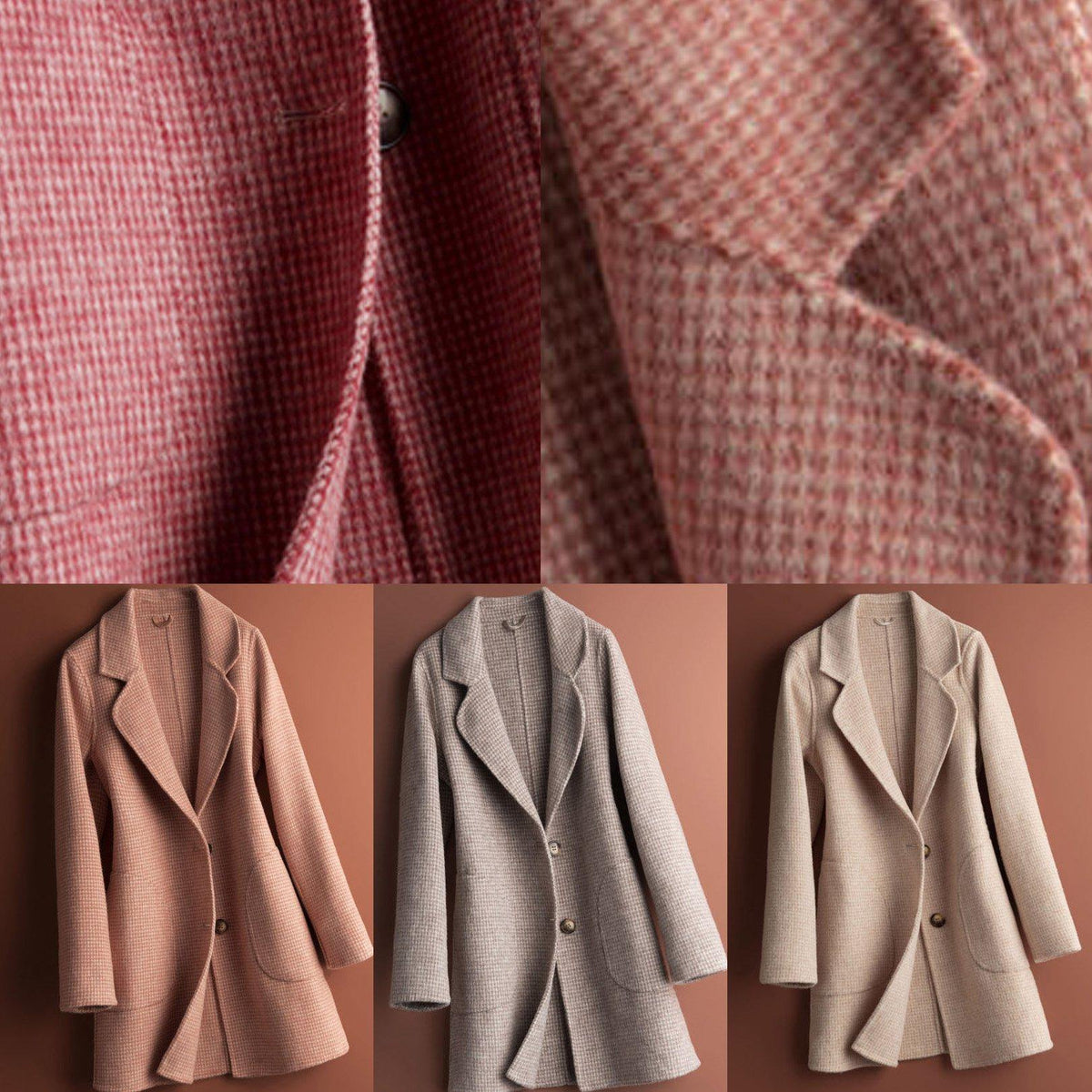 Women's checked long coat with notched lapels, long sleeves, buttons and front pockets