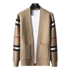 Men's open front cardigan with striped sleeves and patch pockets