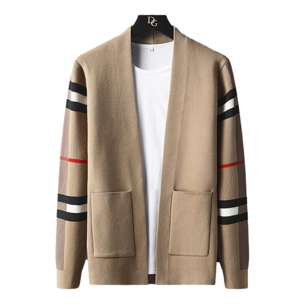 Men's open front cardigan with striped sleeves and patch pockets