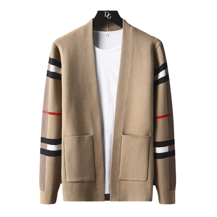 Men's open front cardigan with striped sleeves and patch pockets
