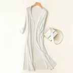 Women's long open front cardigan with three-quarter sleeves and side slits