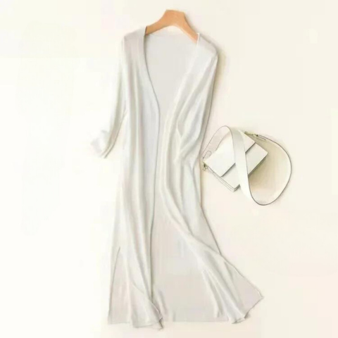 Women's long open front cardigan with three-quarter sleeves and side slits