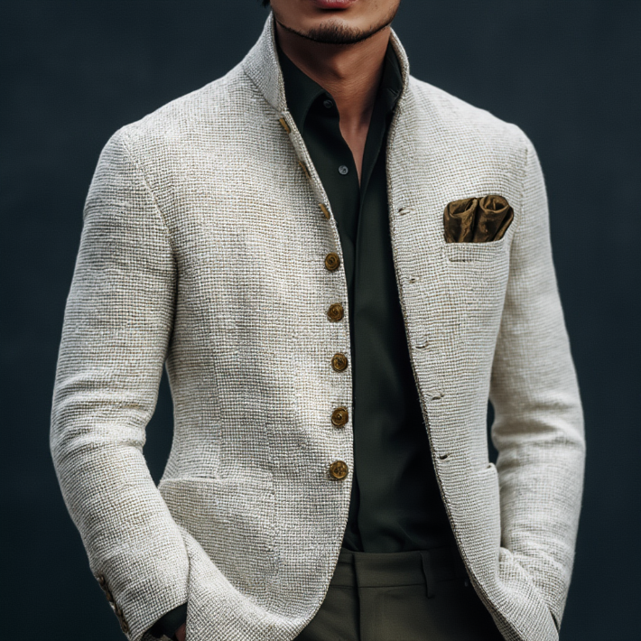 Men's white textured jacket with stand collar and button front