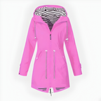 Women's long hooded rain jacket with front zippers