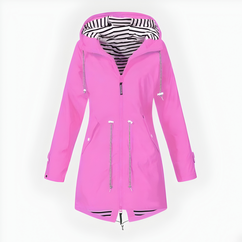 Women's long hooded rain jacket with front zippers