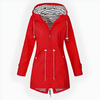 Women's long hooded rain jacket with front zippers