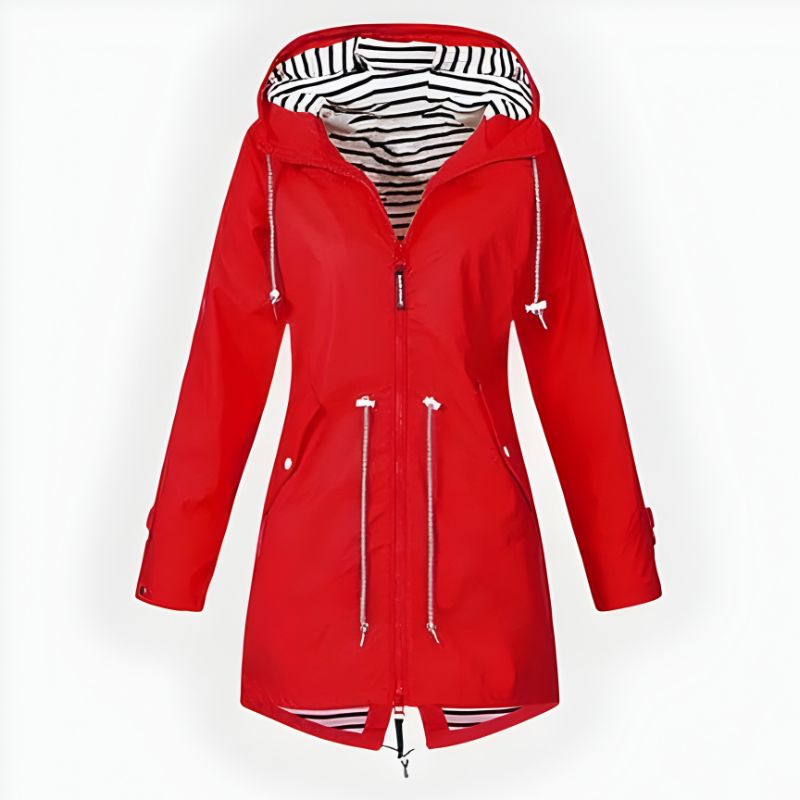Women's long hooded rain jacket with front zippers