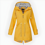 Women's long hooded rain jacket with front zippers