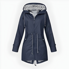 Women's long hooded rain jacket with front zippers