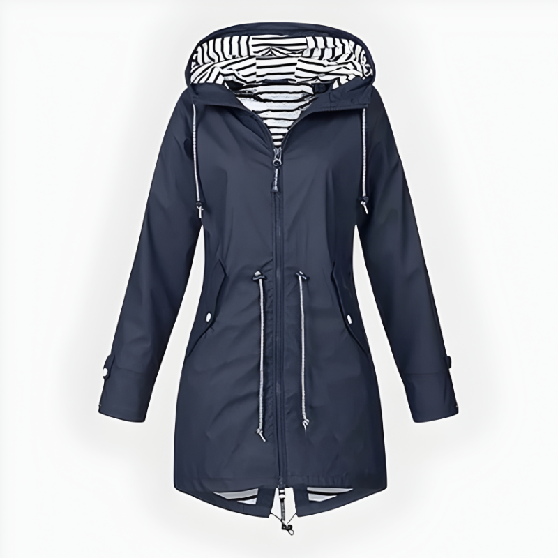 Women's long hooded rain jacket with front zippers