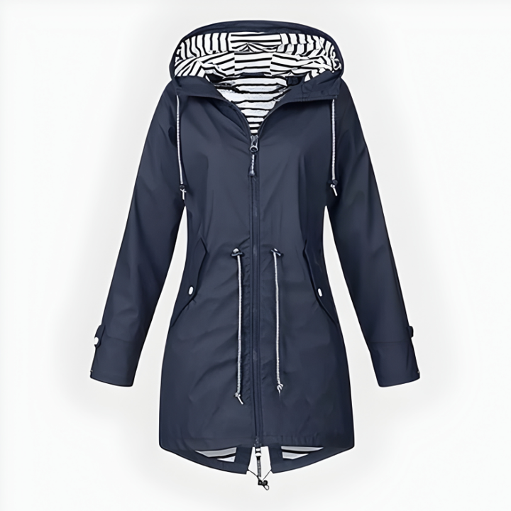 Women's long hooded rain jacket with front zippers