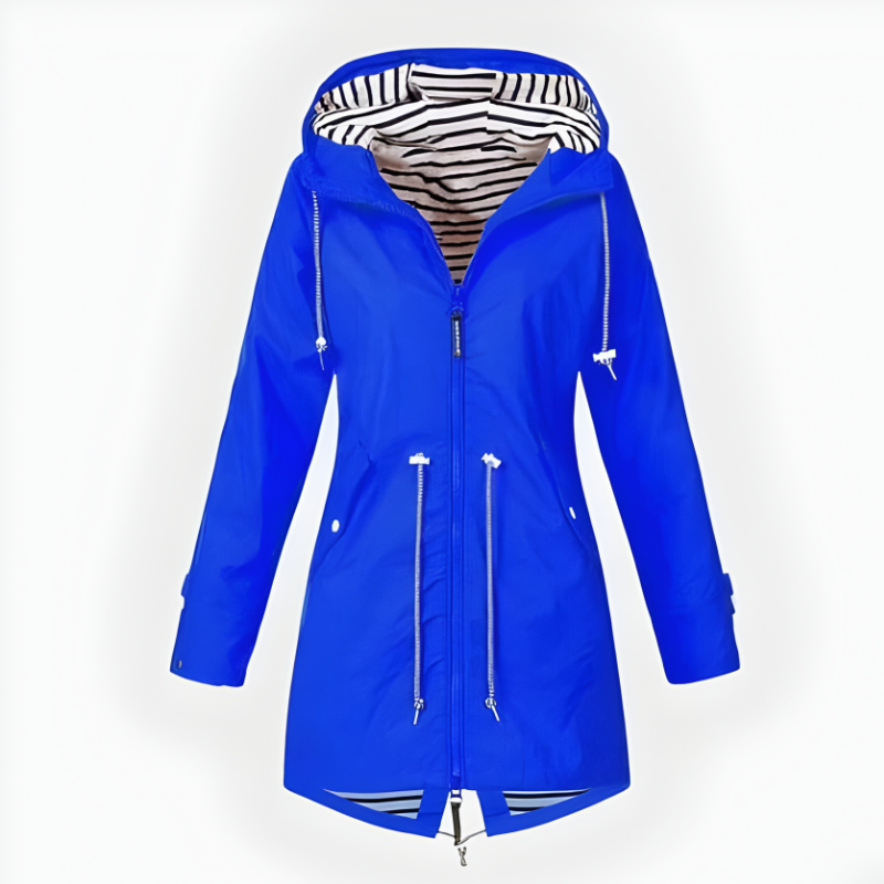 Women's long hooded rain jacket with front zippers