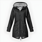 Women's long hooded rain jacket with front zippers