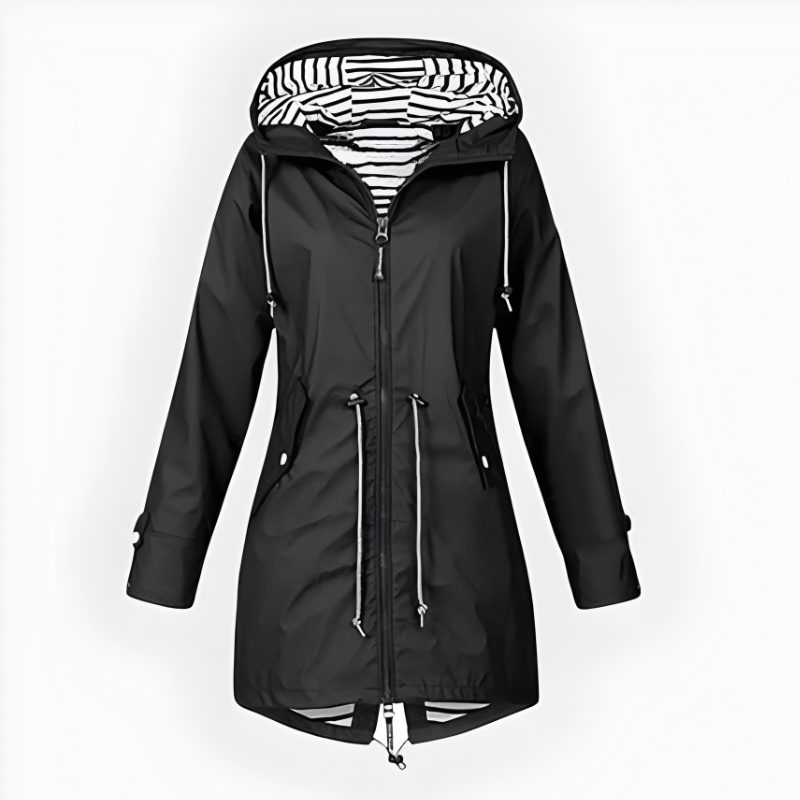 Women's long hooded rain jacket with front zippers
