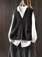 Women's knitted V-neck waistcoat with button front and floral panel