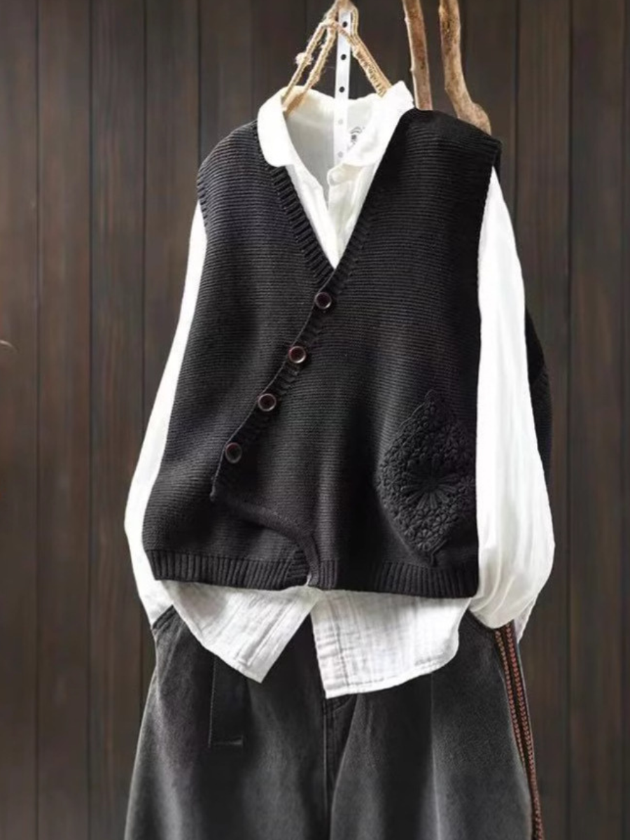 Women's knitted V-neck waistcoat with button front and floral panel