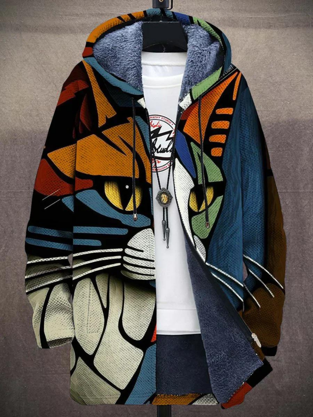 Women's multicolor abstract cat print hooded cardigan with zip front