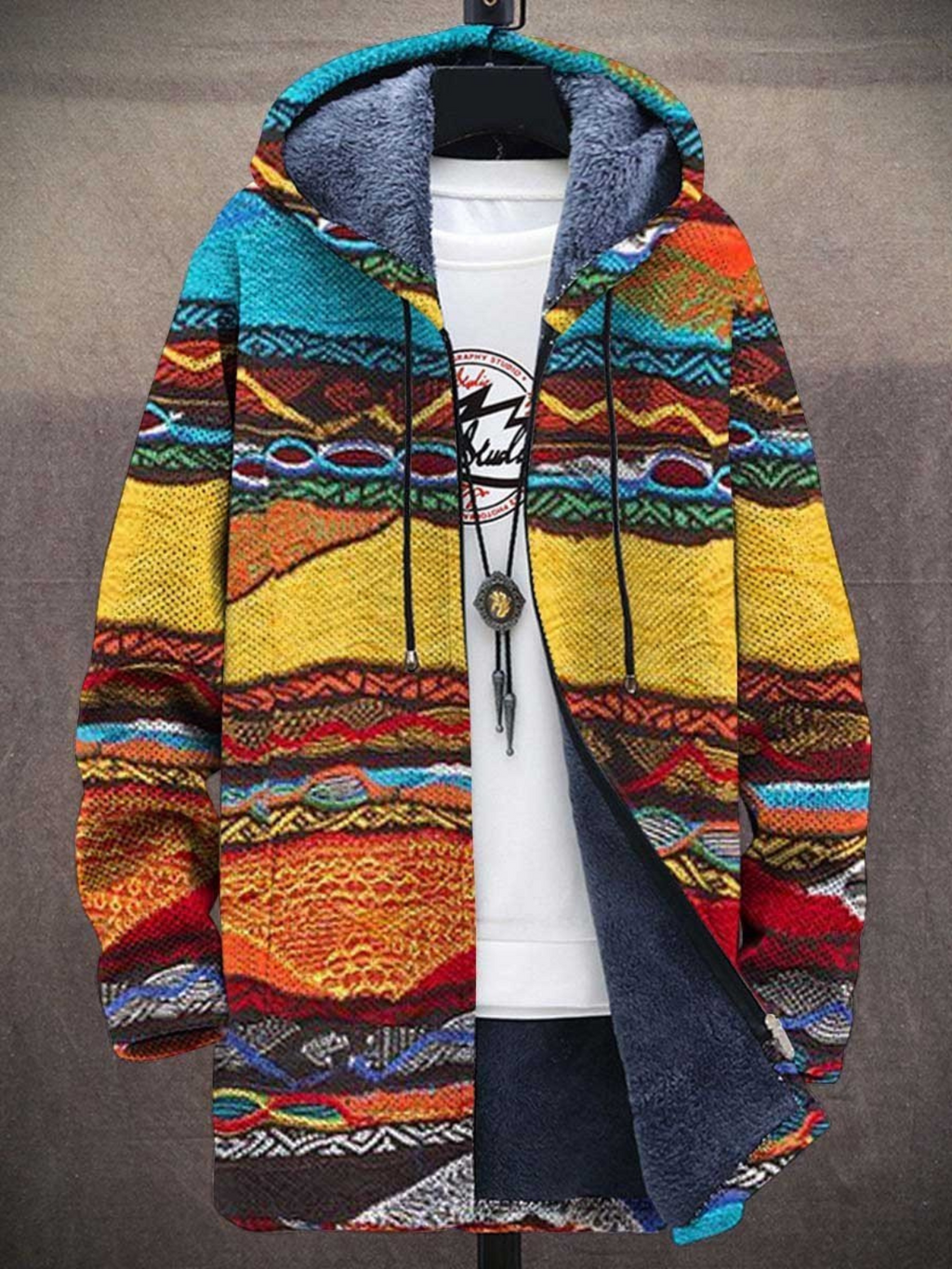 Women's multicolor abstract cat print hooded cardigan with zip front