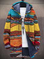 Women's multicolor abstract cat print hooded cardigan with zip front