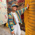 Women's multicoloured striped knitted cardigan with open front and long sleeves