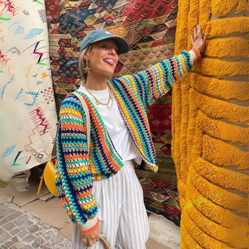 Women's multicoloured striped knitted cardigan with open front and long sleeves