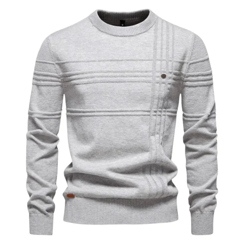 Men's textured panel crew neck knit jumper with long sleeves