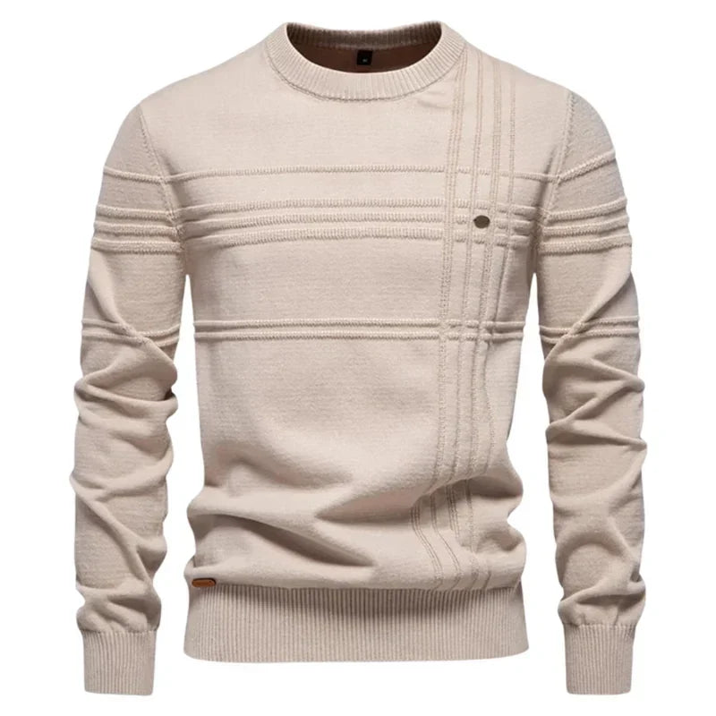 Men's textured panel crew neck knit jumper with long sleeves