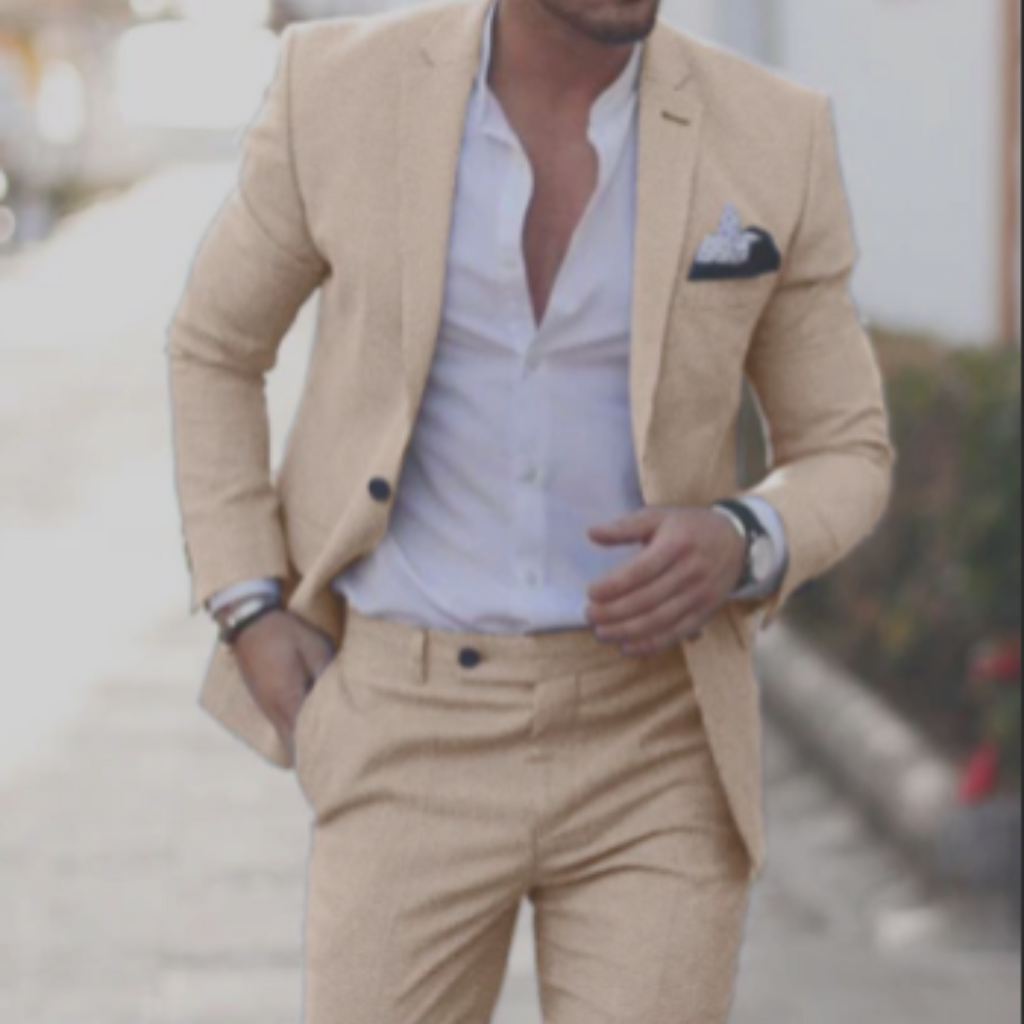 Men's textured two-piece suit with notch-lapel blazer and tapered trousers