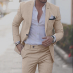 Men's textured two-piece suit with notch-lapel blazer and tapered trousers