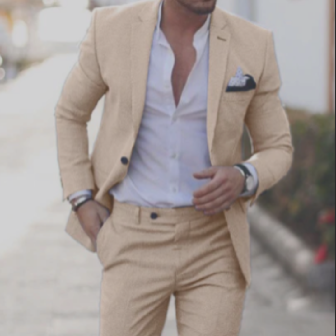 Men's textured two-piece suit with notch-lapel blazer and tapered trousers
