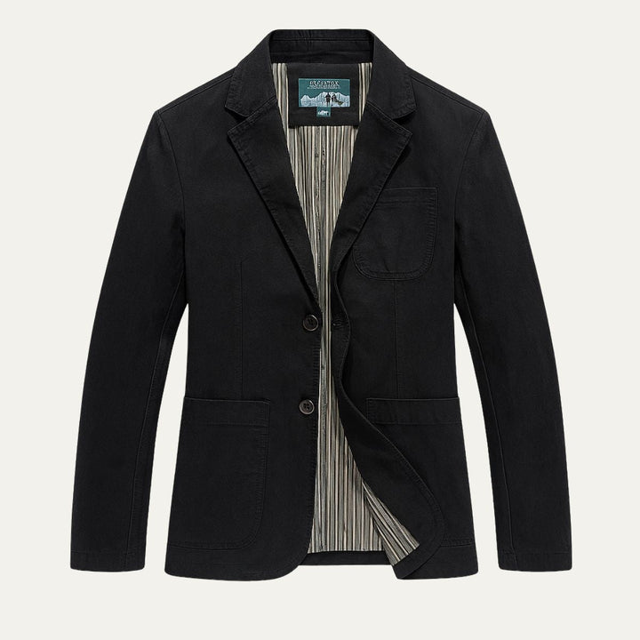 Men's blazer-style jacket with lapel collar and patch pockets