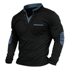 Men's black mock neck sweatshirt with button placket, chest pocket and contrast elbow patches