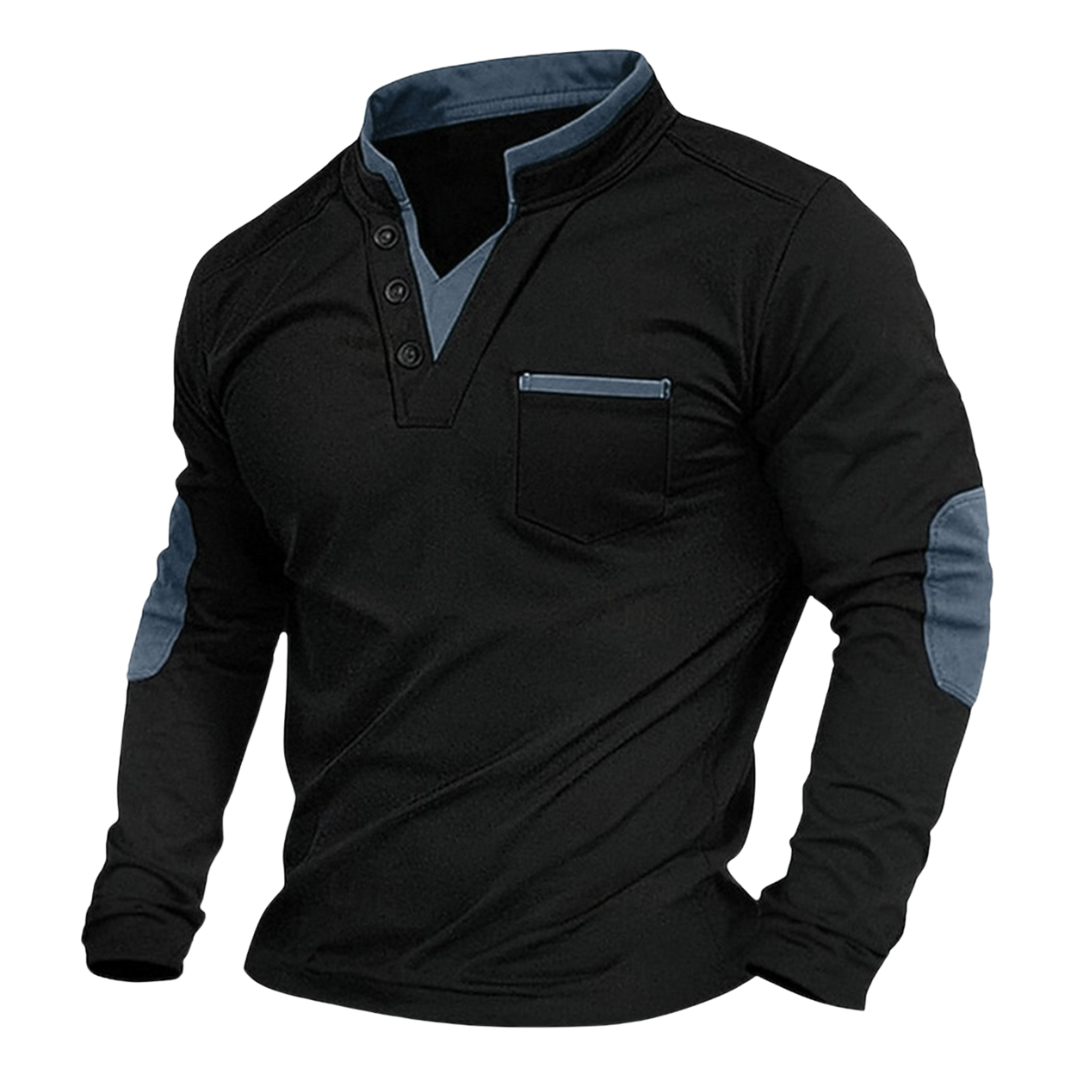 Men's black mock neck sweatshirt with button placket, chest pocket and contrast elbow patches