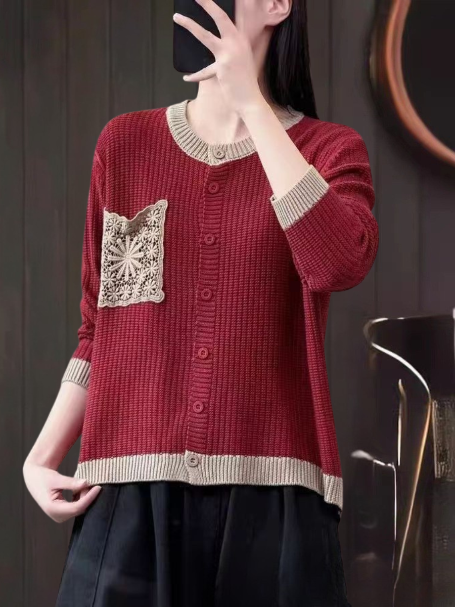 Women's knitted cardigan with button front, ribbed trims and decorative crochet-style chest pocket