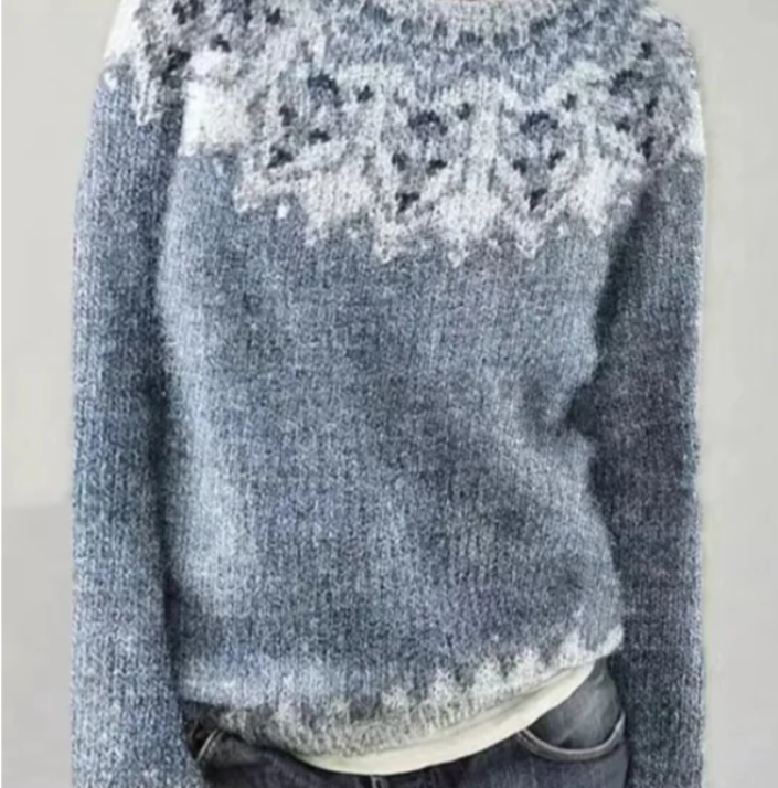 Women's grey Fair Isle boat neck sweater with long sleeves