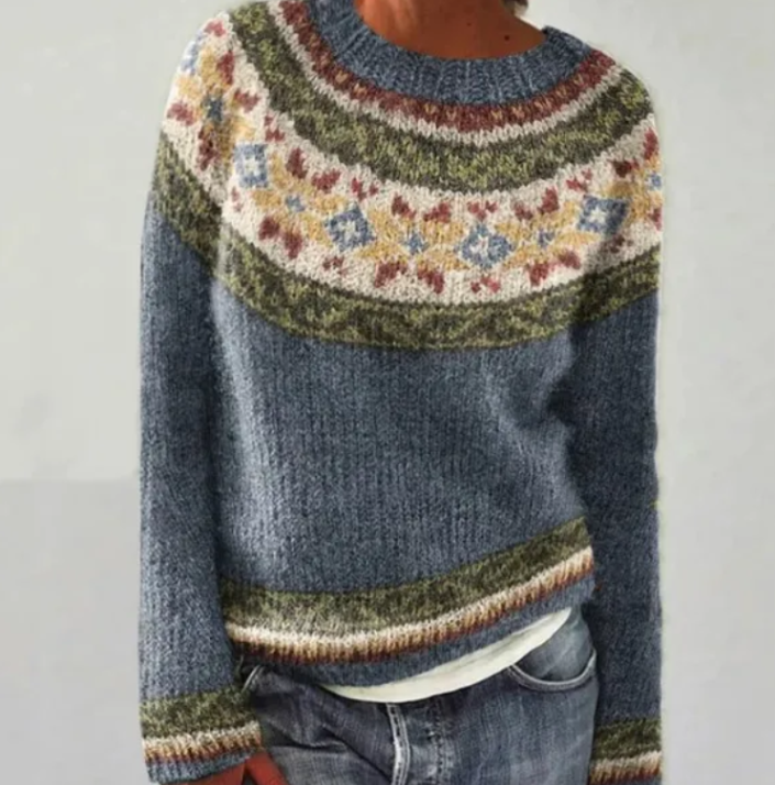 Women's grey Fair Isle boat neck sweater with long sleeves