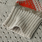 Women's beige and red geometric knit sweater with crew neck and long sleeves