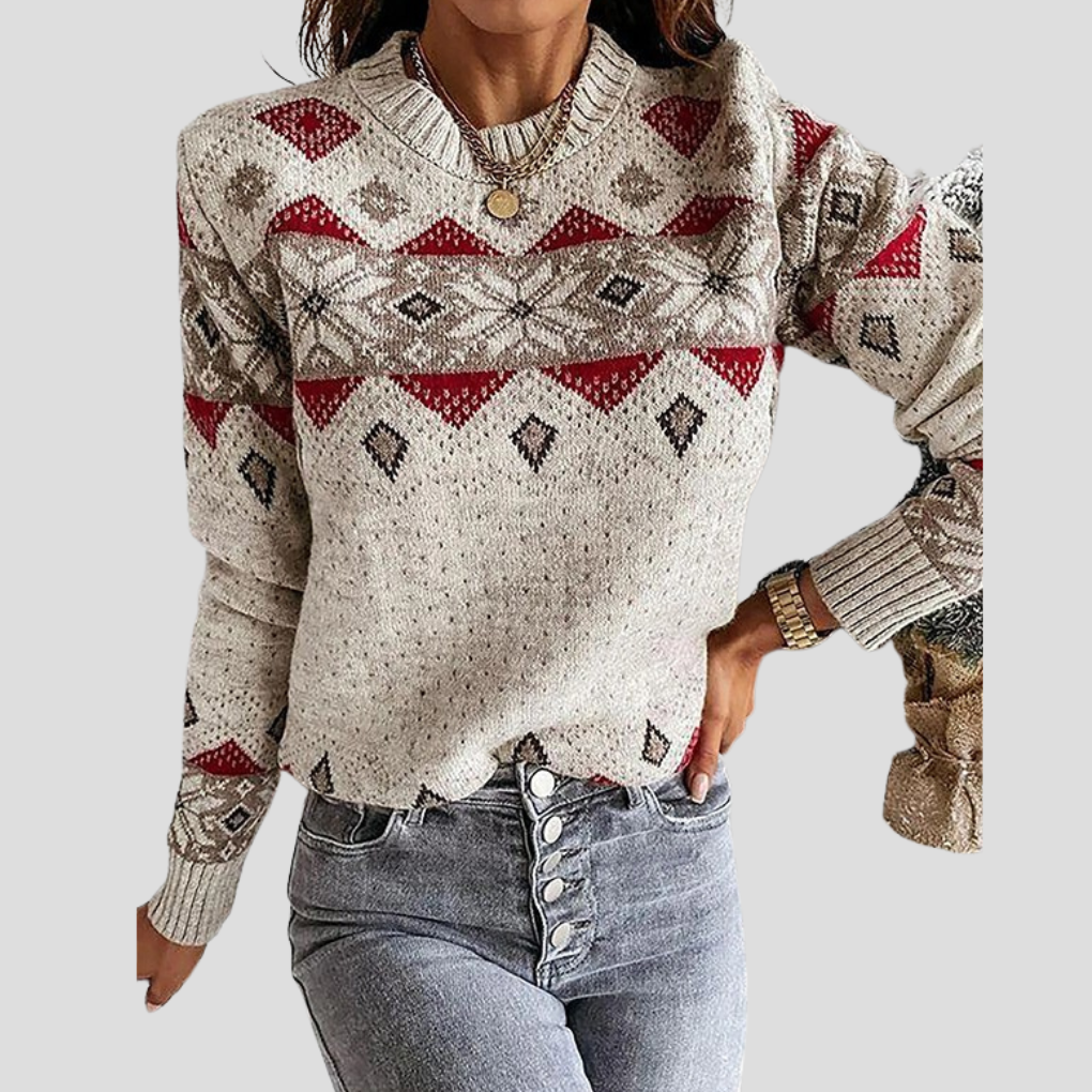 Women's beige and red geometric knit sweater with crew neck and long sleeves