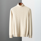 Men's long-sleeved cable knit roll neck jumper with ribbed trims